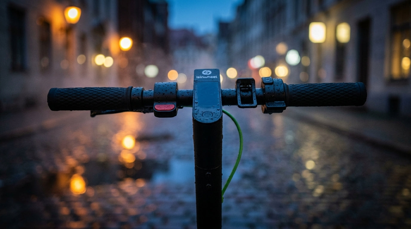 Electric scooter handlebar in the rain on a Riga street at dusk